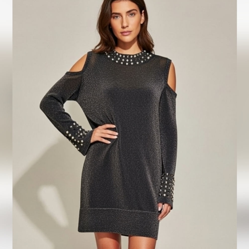 Wallis Black Gold Studded Cold Shoulder Mock Neck Tunic Mini Dress Size Medium